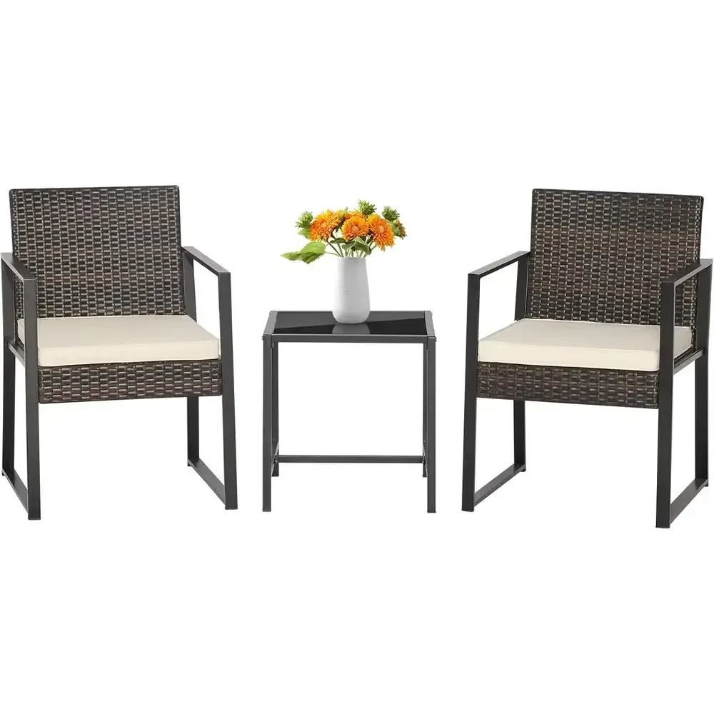 3-Piece All-Weather Cushioned Wicker Patio Furniture Set, Ideal for Porch, Backyard, Garden, Poolside, and Deck (Mix Brown)