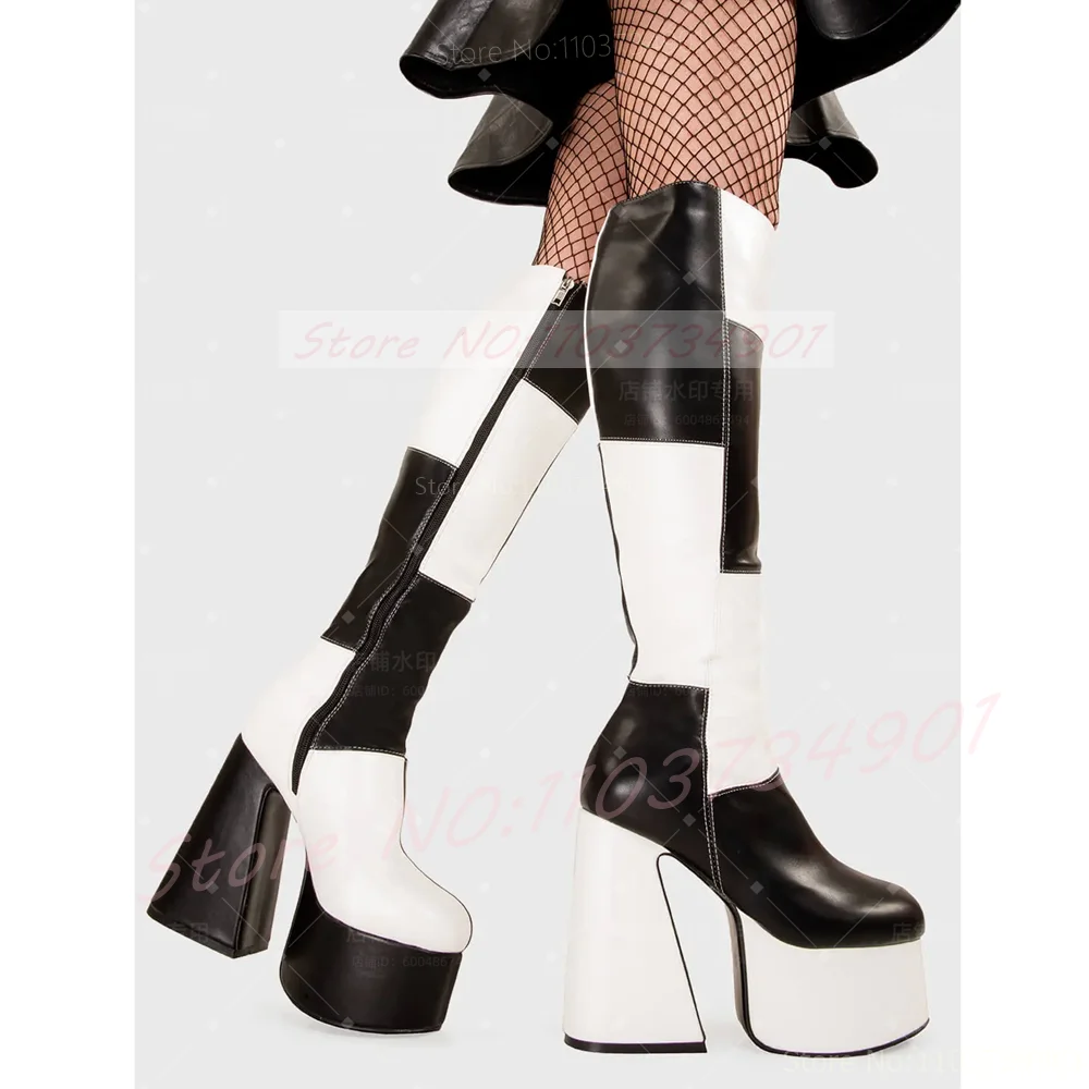 Patchwork Platform Knee High Boots Women Black And White Color Blocking Chunky Triangle Heel Boots Lady Classy Gothic Y2K Shoes view 5