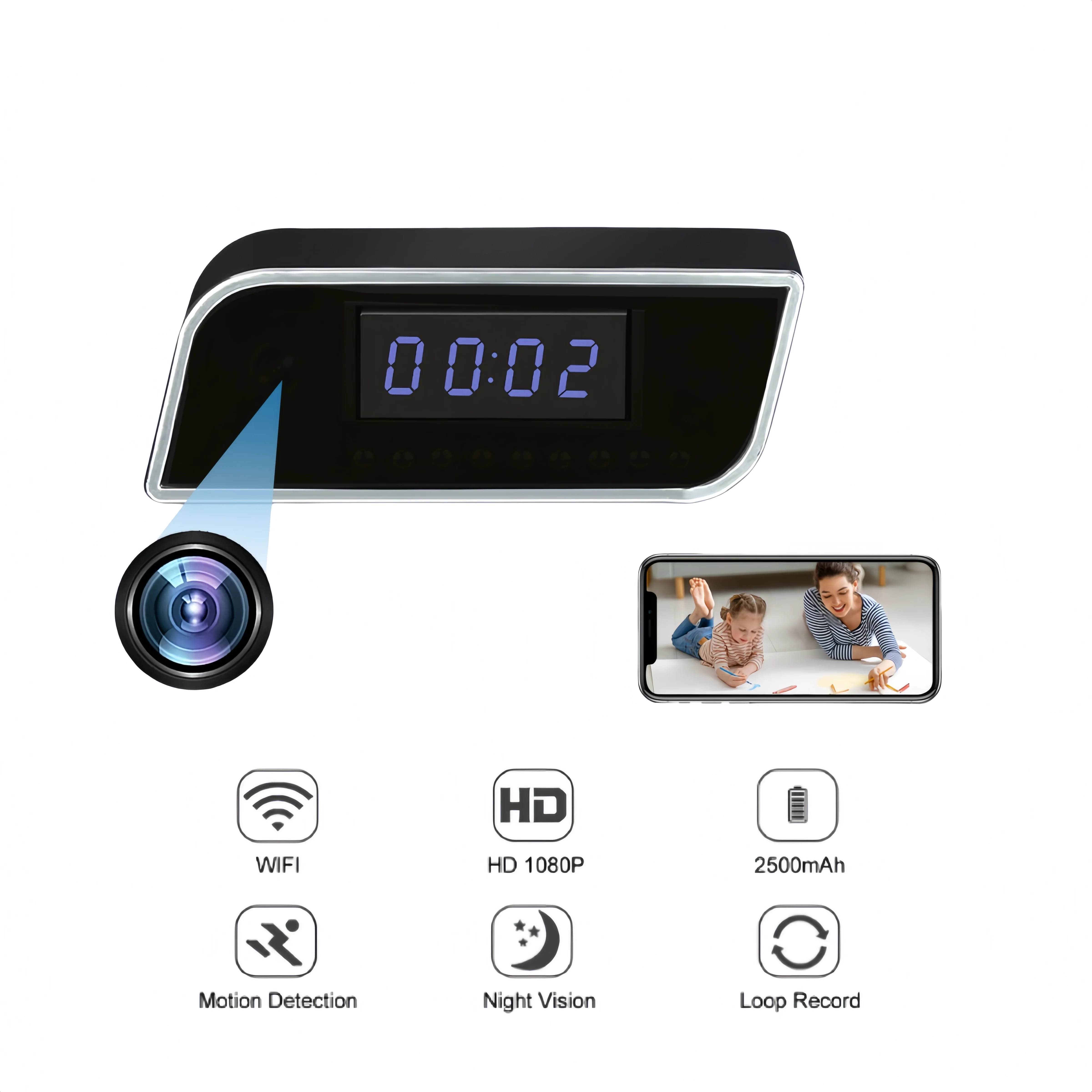 

C2 Clock Camera 4K HD Night Vision Home Security Clear up to 6 Meters Motion Detection Real Sound Recording with 64GB SD Card