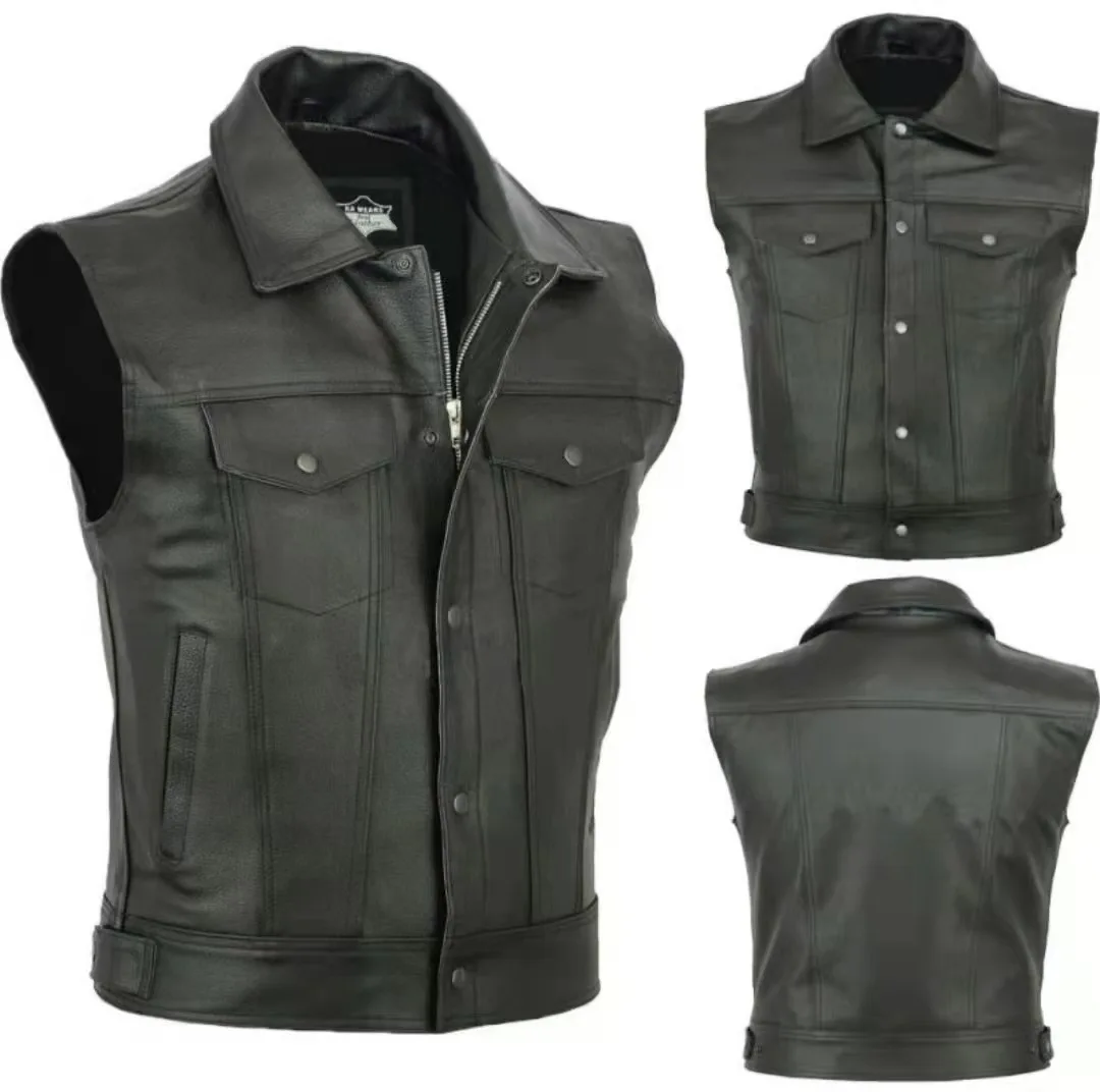 

Stylish Casual Leather Motorcycle Vest, Zipper Button Biker Waistcoat, Riding Faux-Leather Gilet, Mens Sleeveless Biker Jacket