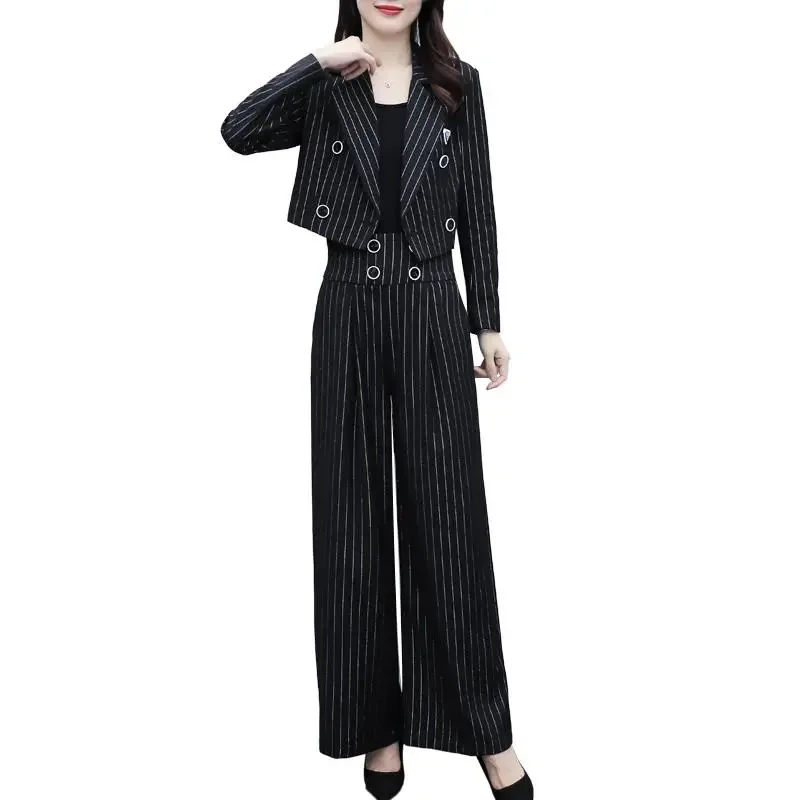 Royal Sister Autumn Fashion Westernized Celebrity Style Korean Fashion Set Striped Short Coat Wide Leg Pants Two Piece Set Women