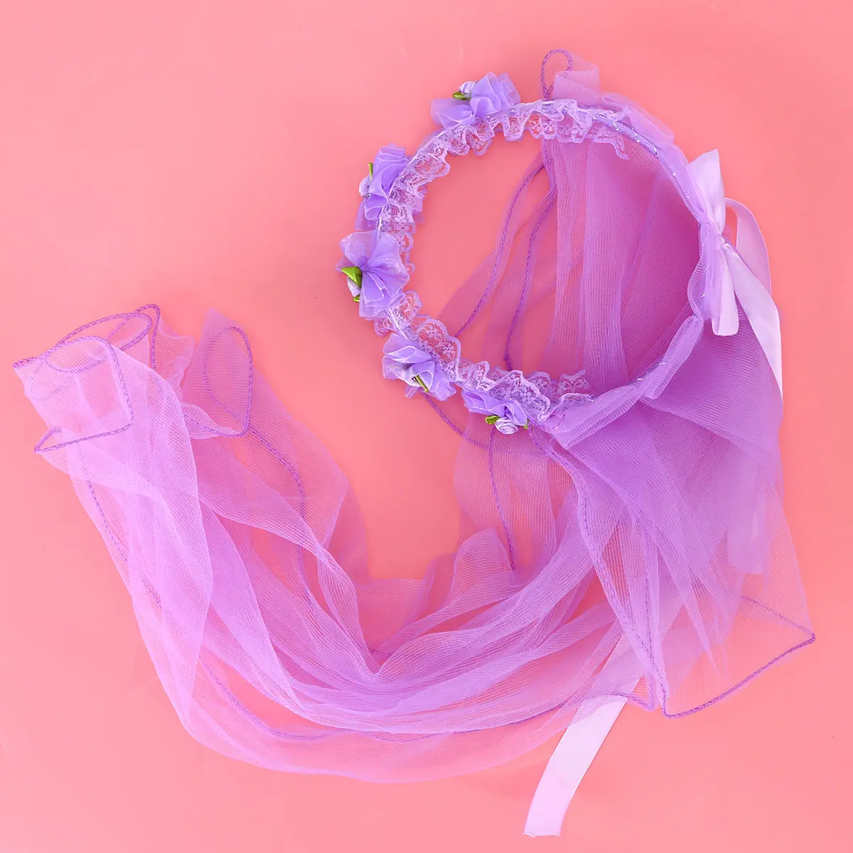 Two Layer Wedding Veil with Floral Wreath Headband Lace Tulle Veil for First Communion Ceremony and Stage Performance