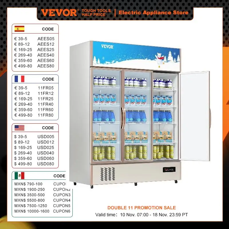 VEVOR Triple Swing Door Commercial Refrigerator Display Fridge Upright Beverage Cooler Glass Door with LED Light for Home Store