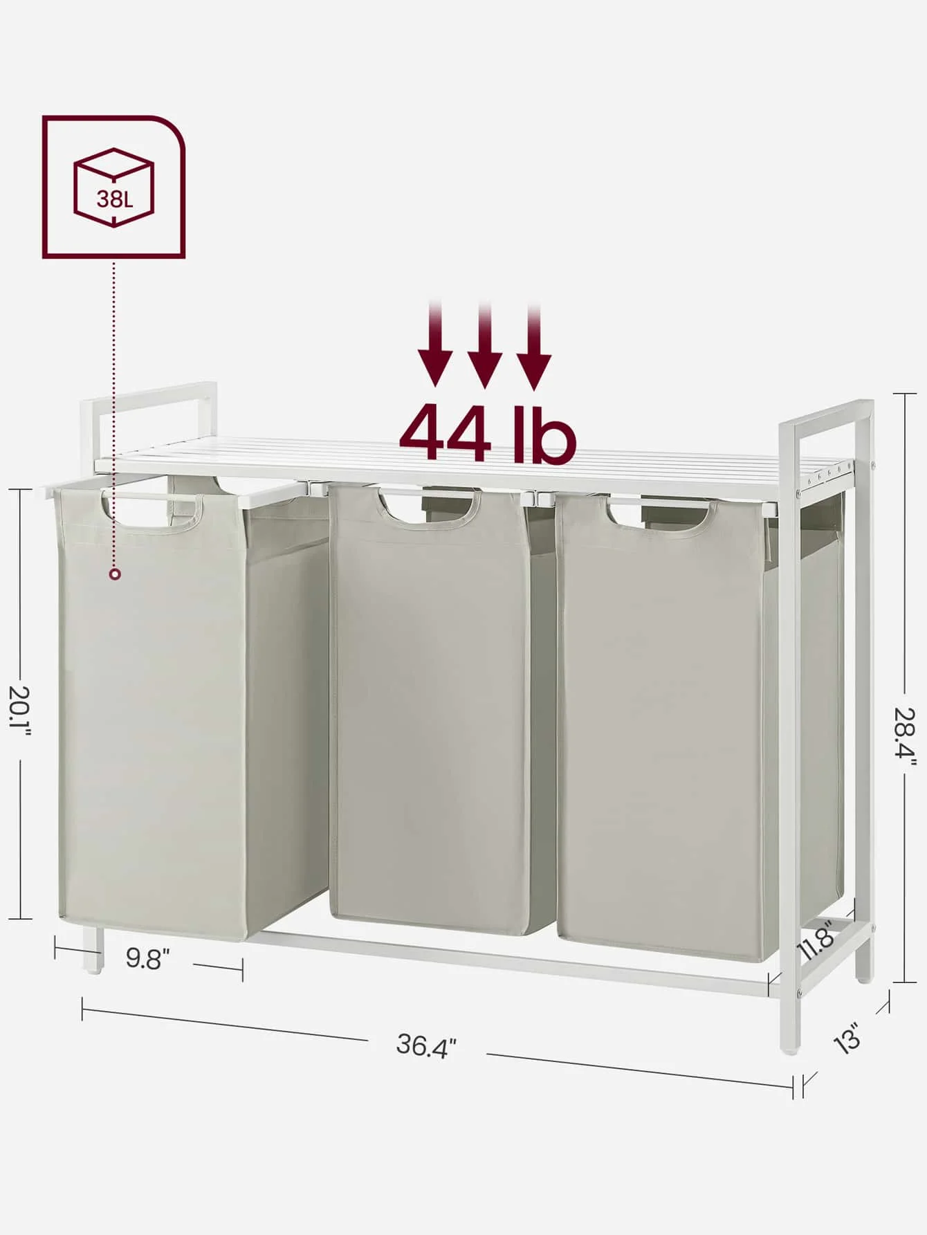 Laundry Hamper, Laundry Basket, Laundry Sorter With 3 Pull-Out And Removable Bags, 1 Storage Shelf, 10 Gal Capacity Per Bag, For Bathroom, Laundry Room, Cream White And Cloud White UBLH301W01 SH2304044083135078