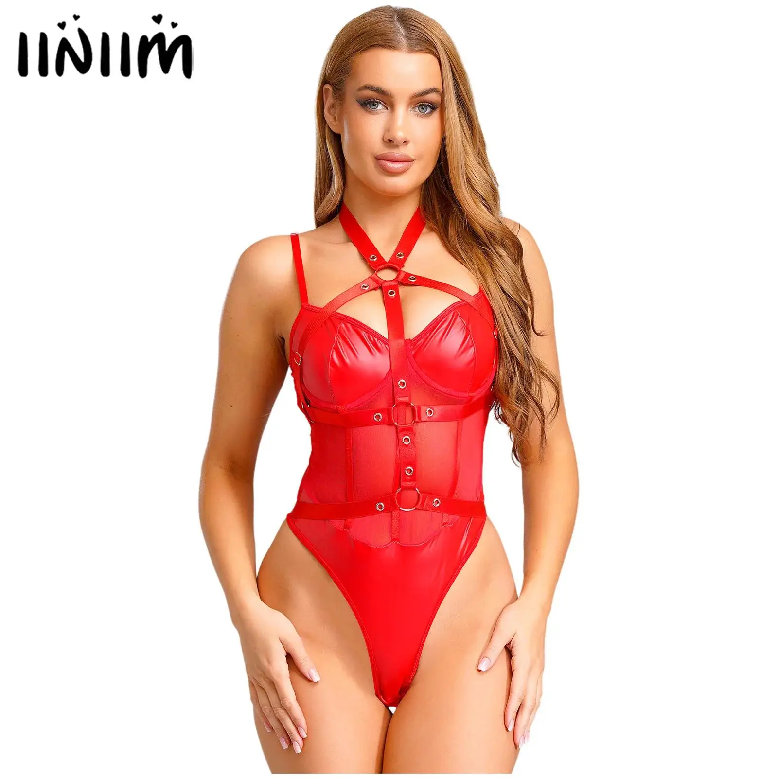 

Womens Lingerie Bodysuit Push Up Underwire Openable Crotch Hollow Out Spliced Leotards Bodysuit with Body Chest Harness Clubwear