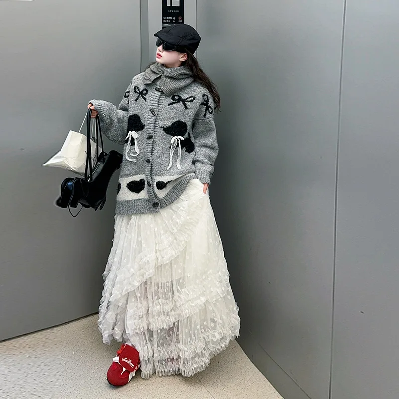 

Autumn Kids Girl Outfit Junior Girls Retro Bowknot Single-breasted Sweater Coat Children Girls Lace Skirt Teenager Girl 2pcs Set