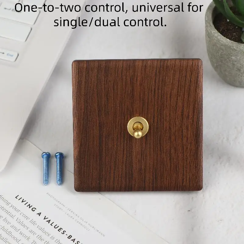 Wood Retro British Light Switch Socket Bedside Wall Lamp Switch LED Dimmer Pure Brass Toggle Switch Board
