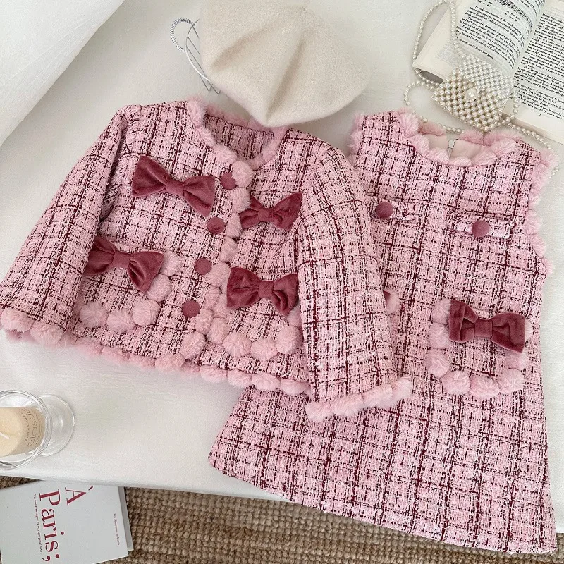 Girls Princess Tweed Suits Winter Sweet Velvet Prink Dress with Coat High Quality Children Birthday Party Outifts Set Kids Cloth