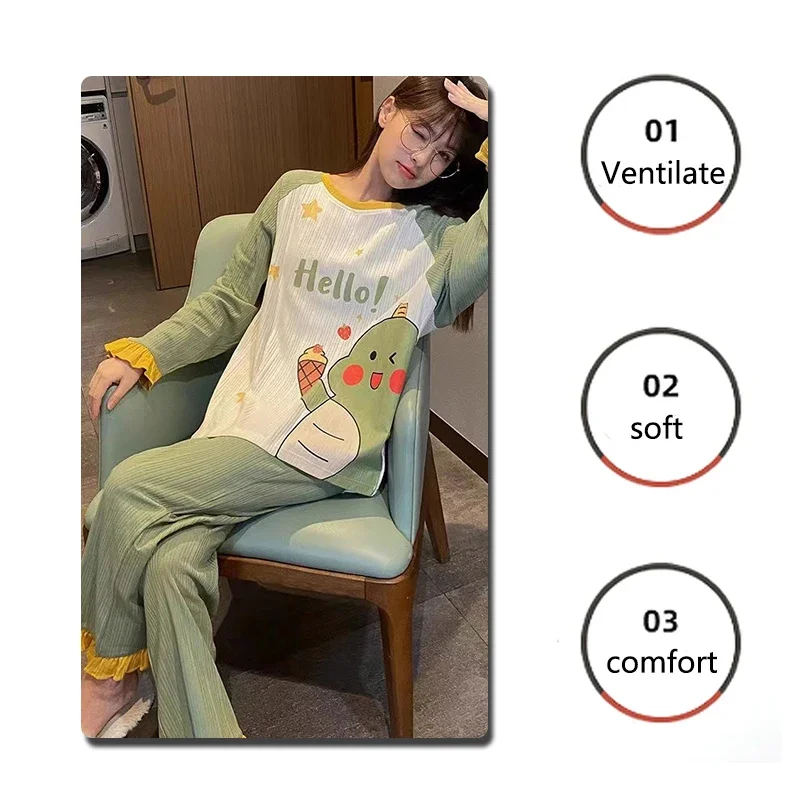 2PCS/Set Large Size Long Sleeve Long Pants Pajamas Women's Homewear Student Sleepwear Young Girls Clothes Ladies Nightwear