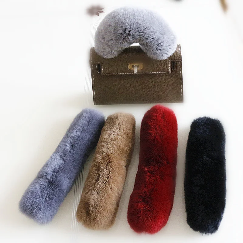 Genuine Rabbit Fur Replacement Bag Strap Handbag Shoulder Straps Cover Fur Handle With Magic Tape Winter Accessories 20cm R68