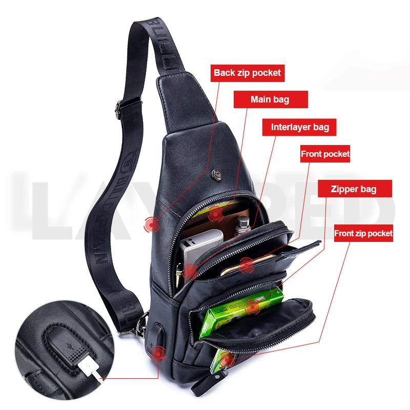 Imagem -05 - Bullcaptain 2023 Novo Couro Genuíno Estilingue Mochila com Porta de Carregamento Usb Multi-bolso Peito Bolsa Caminhadas Viagem Daypack Xb129