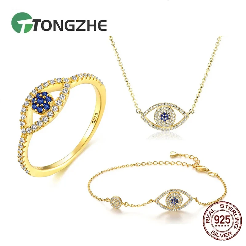 

TONGZHE Good Luck Charm, стерлинговое серебро 925 пробы, набор колец от сглаза, браслет, ожерелье, комплект из 3 предметов, женский подарок подружке невесты, ювелирные изделия золото