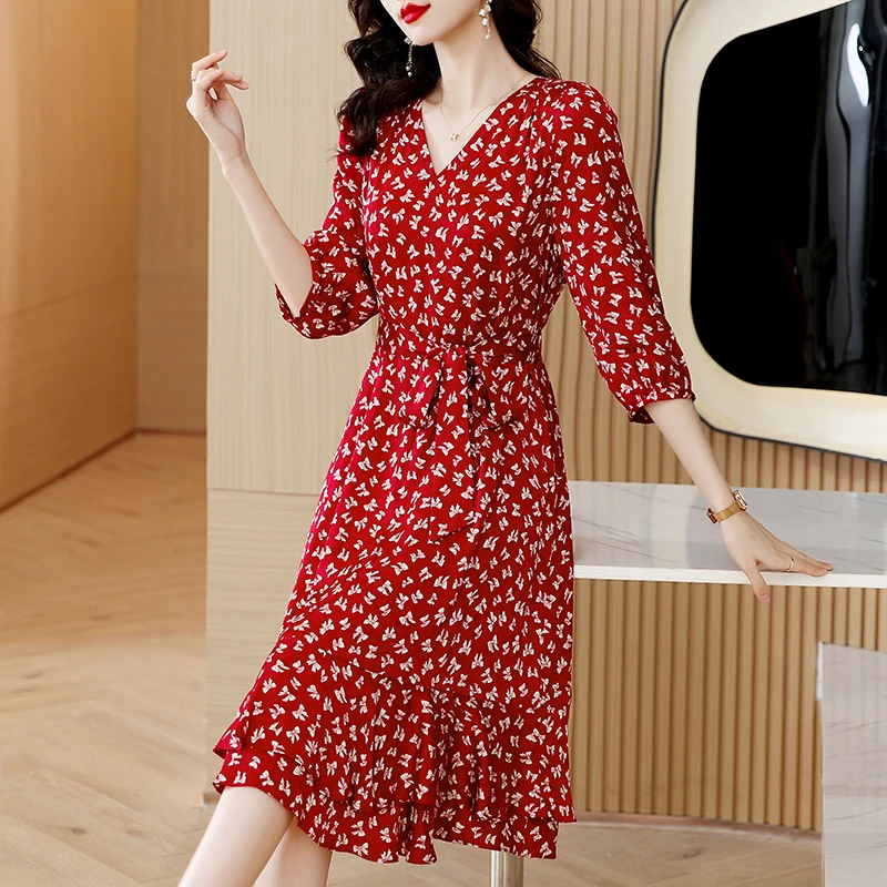 Spring/Summer 2023 New French Red Short Sleeve Silk Chiffon Dress Women's Bow Print V-Neck Temperament Waist Wrapped A-lineDress