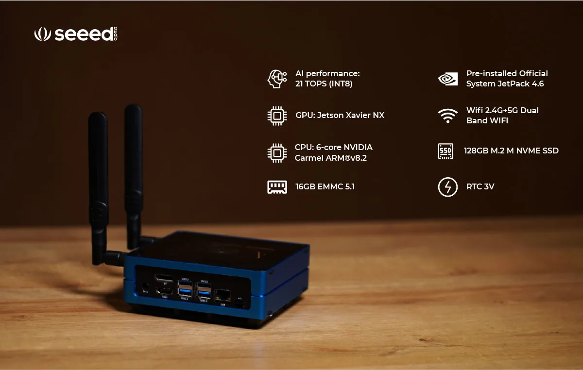 NVIDIA Jetson Xavier NX Module AI SUB Mini PC 21TOPS Edge AI Computer,128GB SSD,WiFi,HDMI,4×USB 3.0,Antennas, Active Cooling