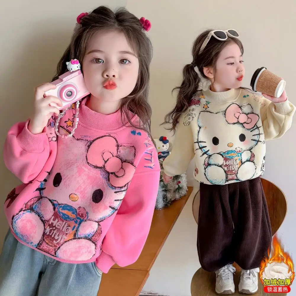 

Sanrio Hello Kitty Girls' Fleece Thickened Sweatshirt Autumn and Winter New Style Children's Cartoon Style Bottoming Shirt Tops