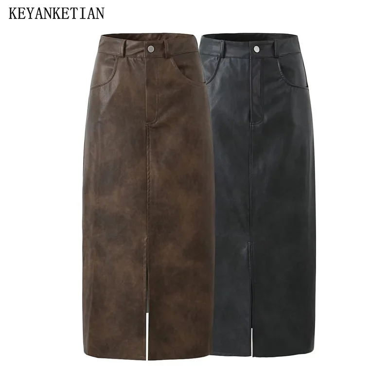 KEYANKETIAN Autumn New Women's Faux Leather Skirt Zipper High Waist Front Slit Vintage Imitation Leather A Line Ankle Skirts