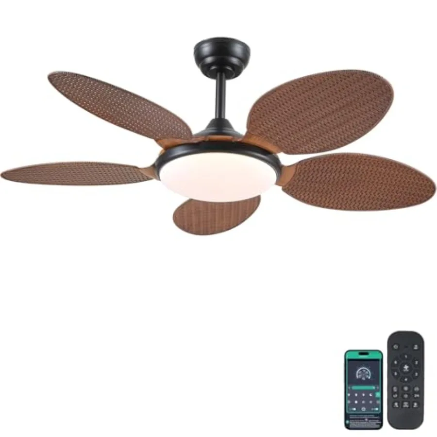 

Outdoor tropical ceiling fan with palm leaf blades, 48-inch, dimmable light, remote control, 6 speeds, reversible, natural fini