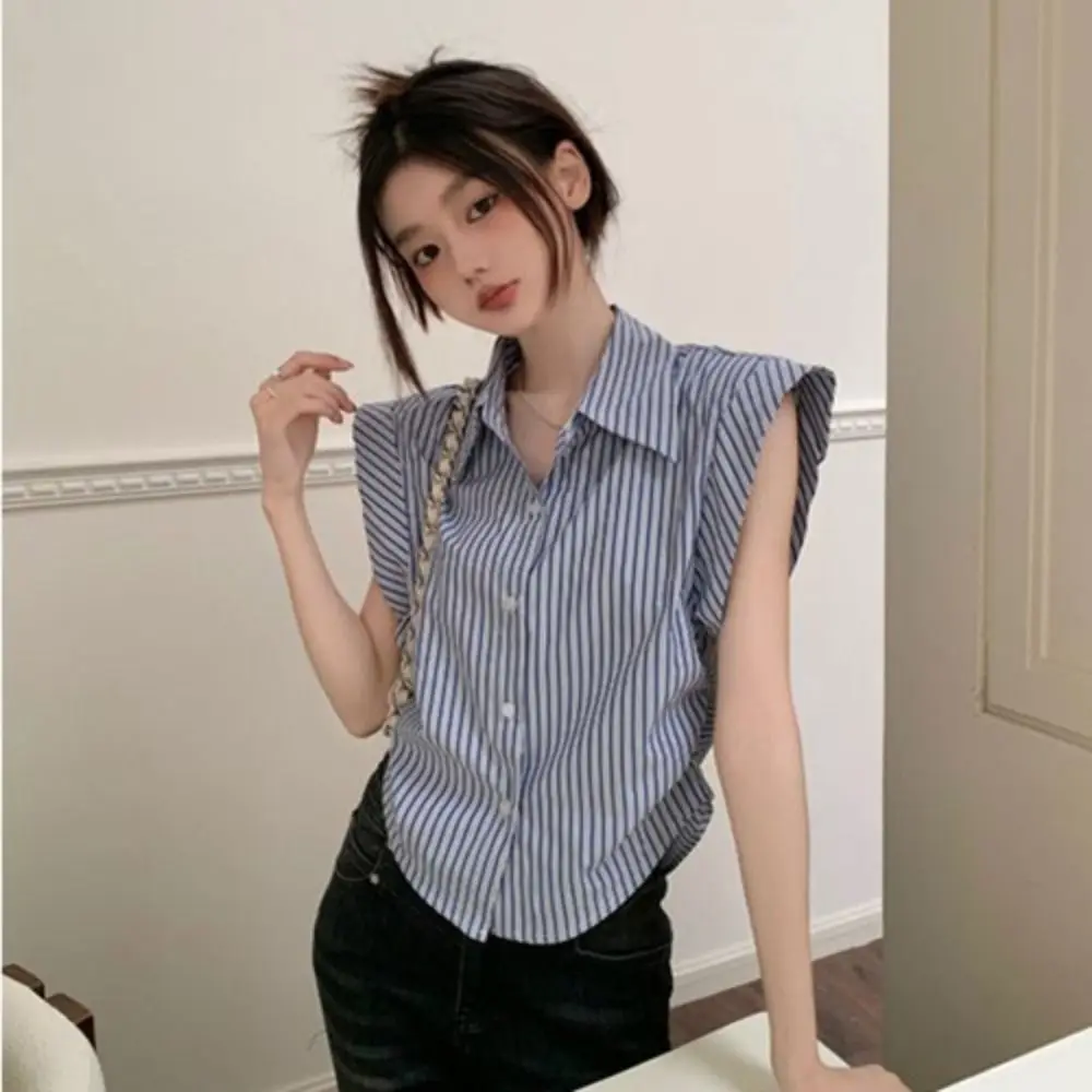 

Elegant Patchwork Stripe Blouse Women Simple Streetwear Polo T Shirt Crop Top Korean Style Sleeveless Shirt Top Summer