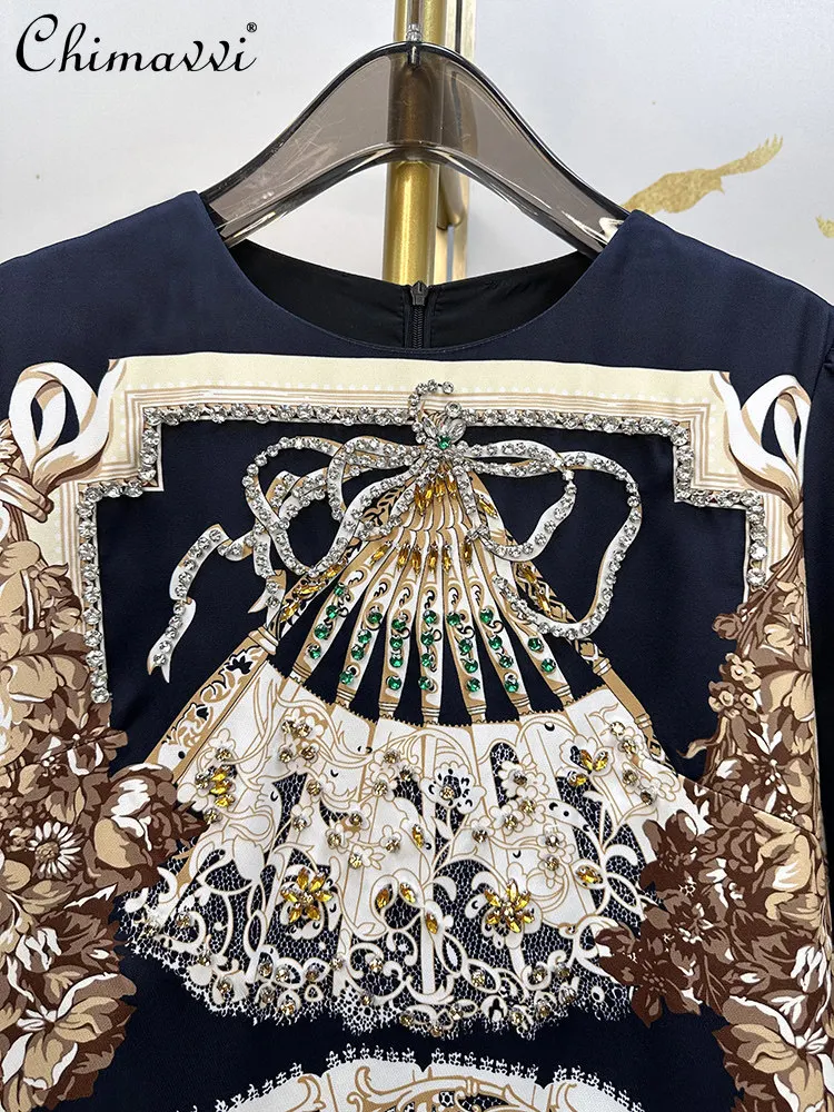 

Classy French Retro Printing Dress Summer New Fashion Heavy Industry Diamond Round Neck Silm Elegant Luxury Dresses Women