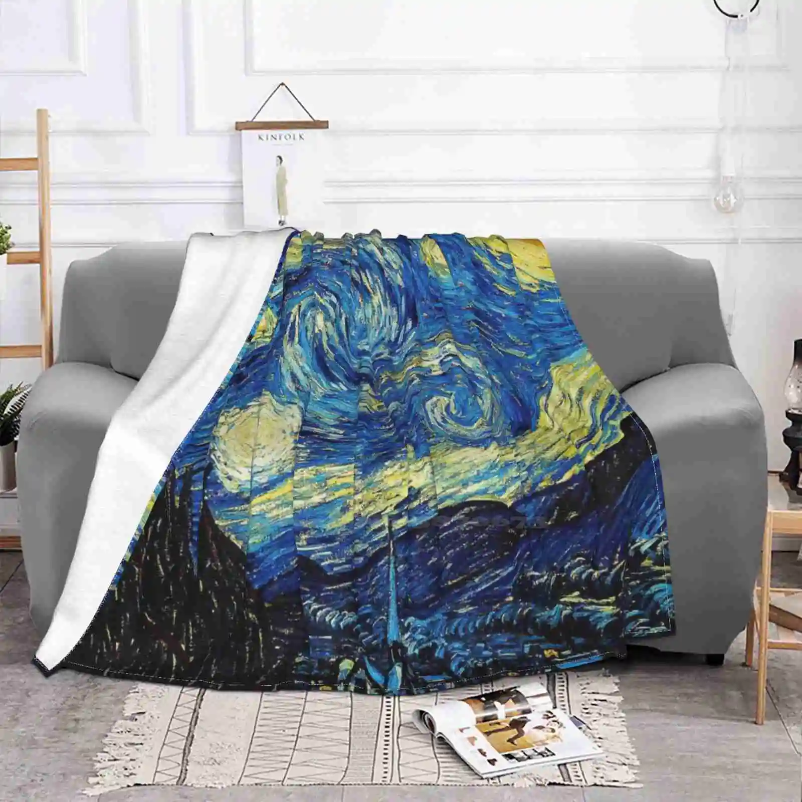 Starry Night Hot Sale Printing High Qiality Warm Flannel Blanket Vangogh Brown Orange Starts Blue Light Dark Bright Shine