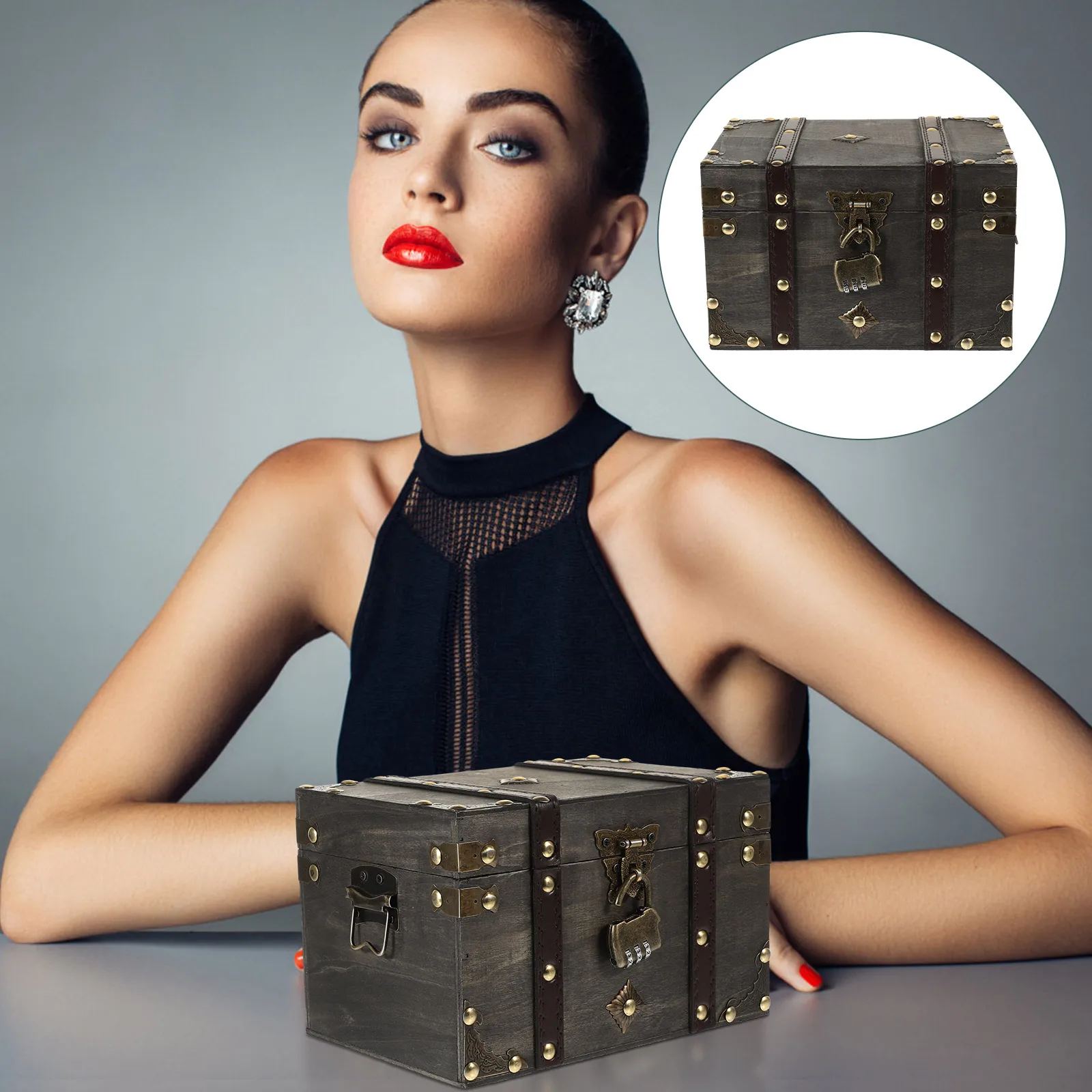 

Wooden Storage Box with Lock Small Green Size Pirate Treasure Chest for Jewelry Documents Books Wood Material Large