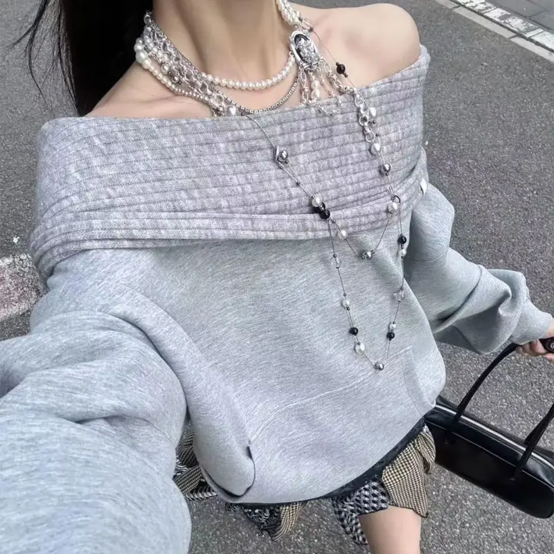 

Korean Off Shoulder Loose Sweatshirts Female Clothing Stylish Knitted Hooded Autumn Casual Patchwork Solid Color Basic Hoodies