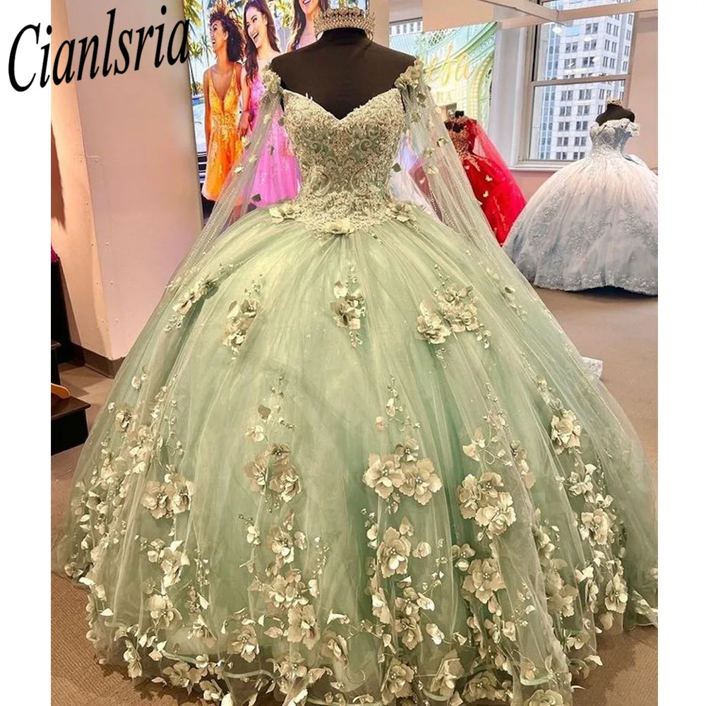 Mintgroene Spaghettibandje Quinceanera Jurk Met Cape Baljurk 3d Bloemen Appliques Kant Korset Sweet 15 Vestidos De Xv Años