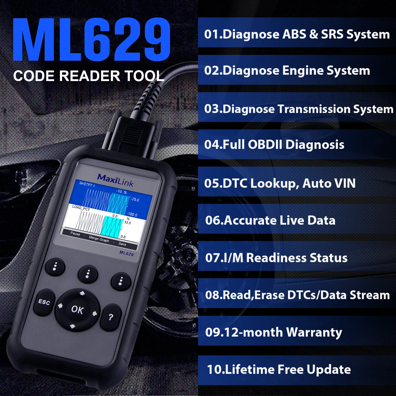 Autel MaxiLink ML629 OBD2 Scanner 4 System Diagnostic Tool ABS SRS Engine Transmission Upgraded Version of ML619, AL619