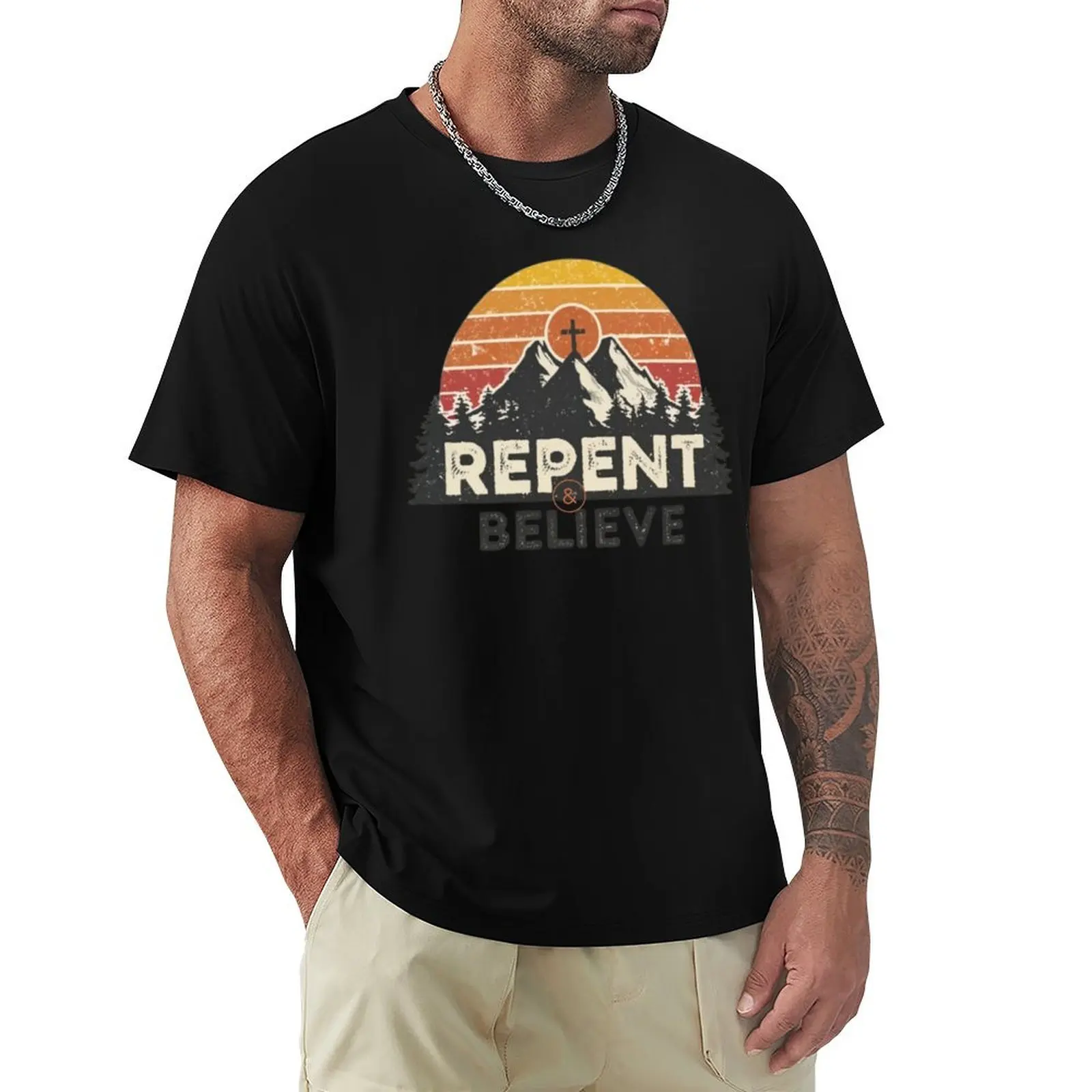 

Repent and Believe, Cross, Mountains and Trees Art T-Shirt cute tops tees summer tops luxury clothes men