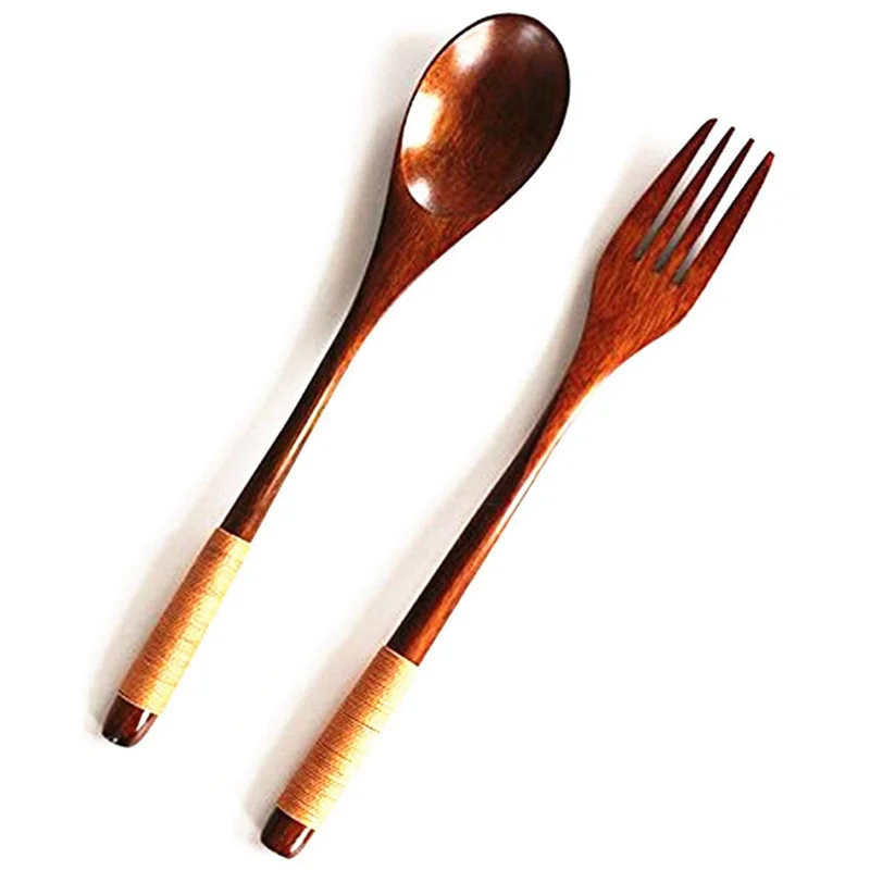 

ABUN-48 Pcs Wooden 9 Inchjapanese Spoon Fork Set Kitchen Tableware Natural Wood Cutlery Wooden Dinner Cutlery Set