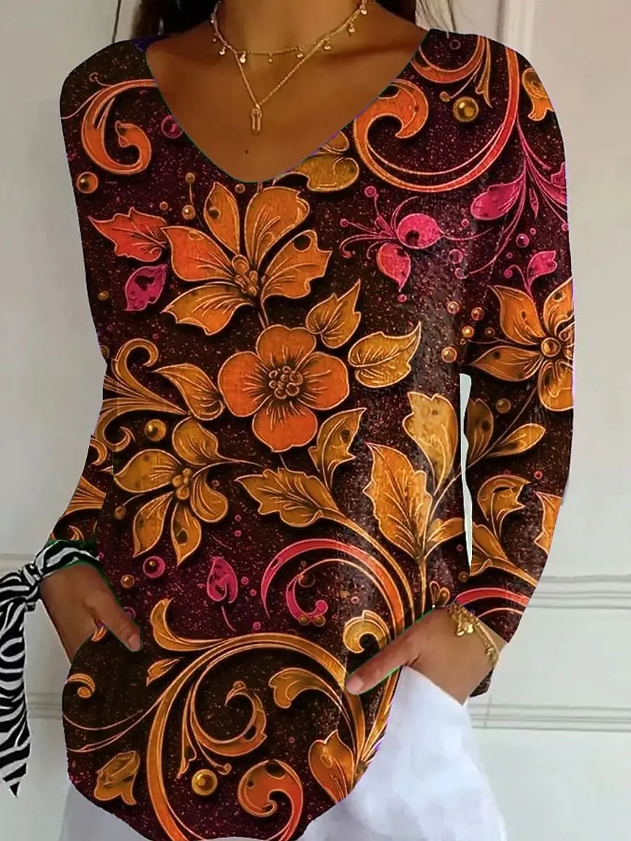 

2025 Women's T-Shirts Floral Graphic plants Elegant Trendy Tees V-Neck Long Sleeve T-shirts Regular Tops Pullover Fall Winter