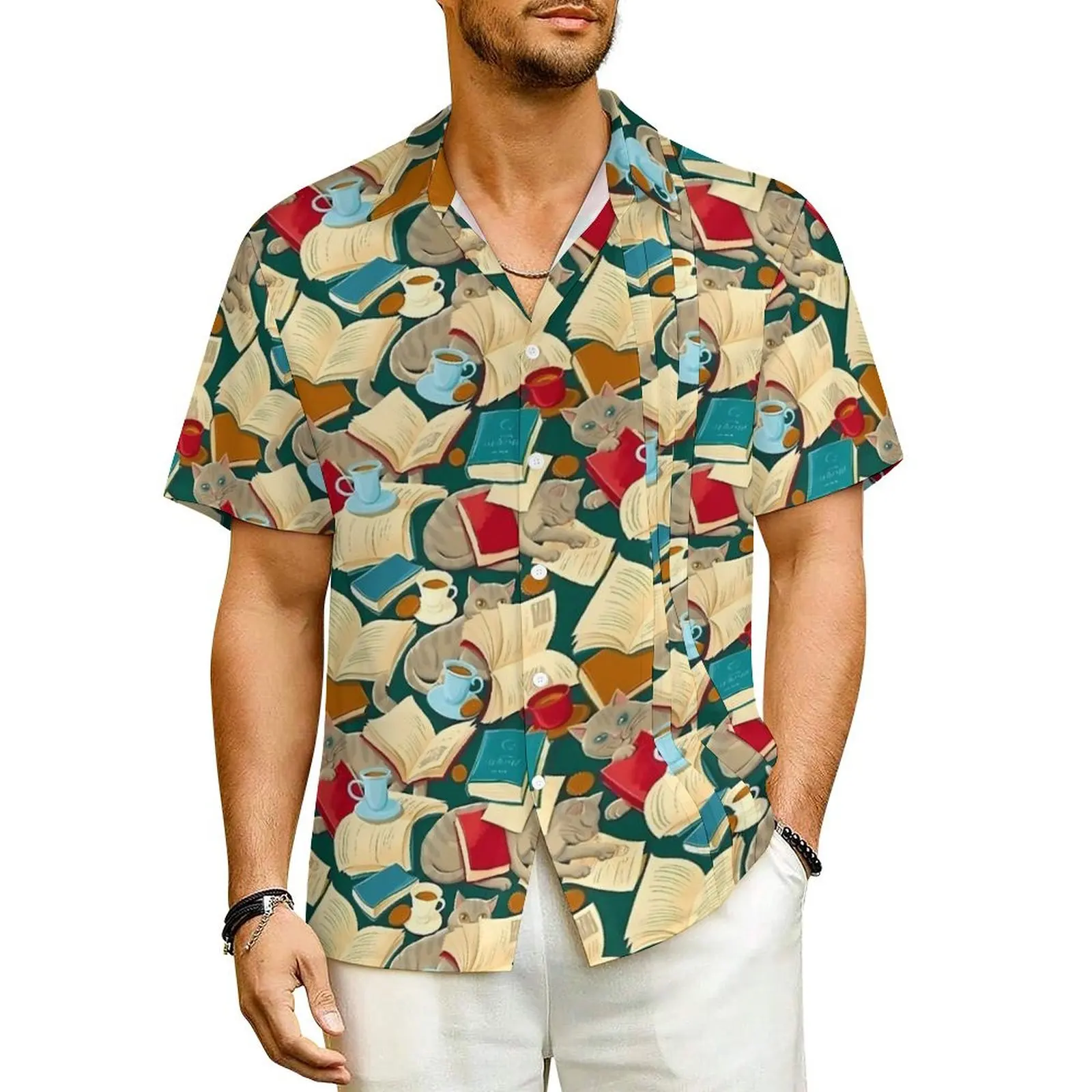 Hawaiian Shirt Vacation Cute Library Cat Blouses Books and Cats Novelty Casual Shirts Men Short Sleeves Fashion Plus Size Tops