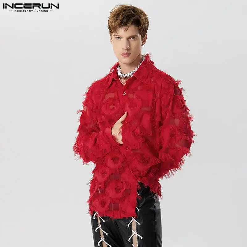 Fashion Casual Style Tops INCERUN New Men\'s Stage Hot Selling Plume Tassel Design Shirts Handsome Male Long Sleeved Blouse S-5XL