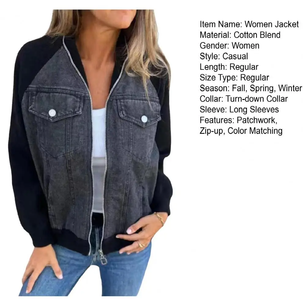 Chaqueta de manga larga con bolsillos y cremallera para mujer, cárdigan de retales con hombro raglán, abrigo con cuello vuelto, Color a juego, Otoño e Invierno