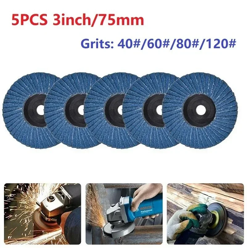 40-120 Grits 5 discos abrasivos 40-120 #   40/60/80/120 Grano 40/60/80/120 #   Aleta azul plana de 75 mm para amoladora angular