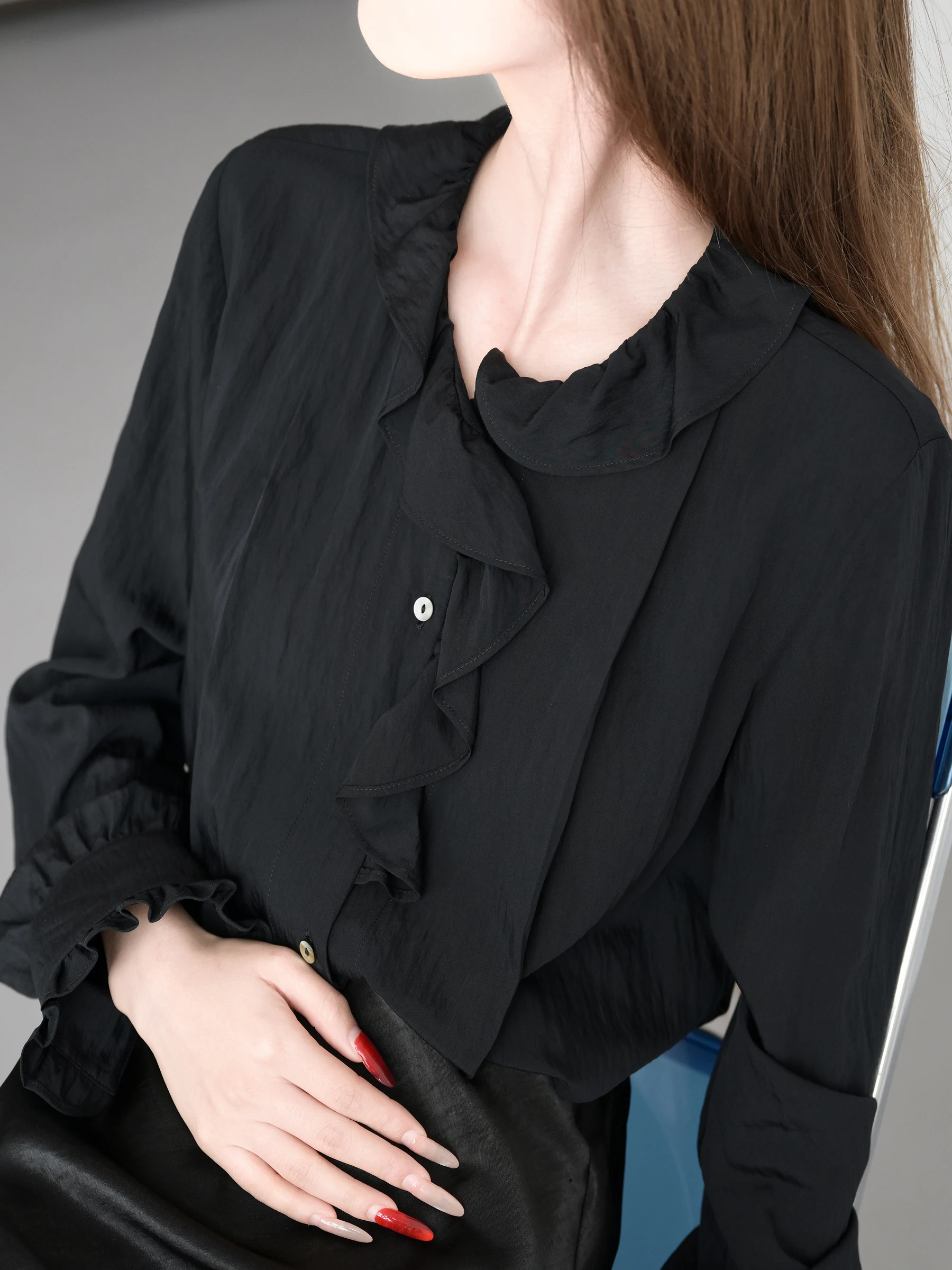 

TRR Intelligent Elegance Slightly Loose Long Sleeve Shirt Women's Layerable Commute Top Black OL Style Straight Tube
