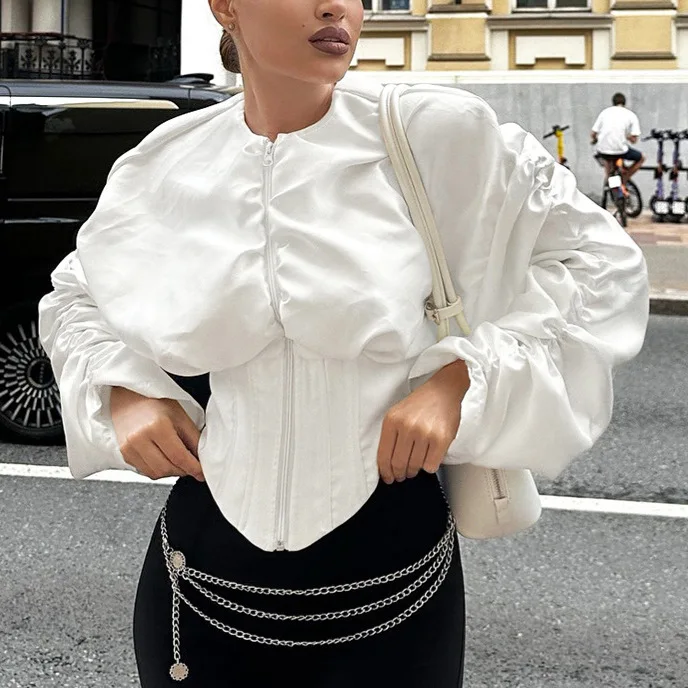 

French Style Autumn Women's Blouse Round Neck Puff Sleeve Zipper Fly Pleated Lady's Shirt Slim Fit Minimalist Blouse For Female