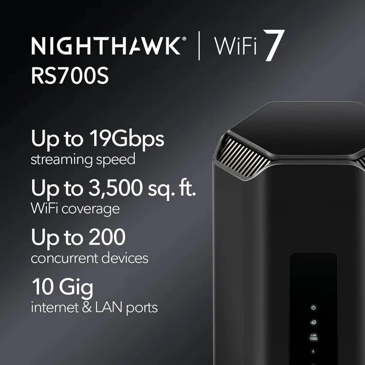 جهاز توجيه Nighthawk Tri-Band WiFi 7 (RS700S) - سرعة لاسلكية BE19000 (حتى 19 جيجابت في الثانية) - 10 منافذ جيجابت - أصلية مضمونة.