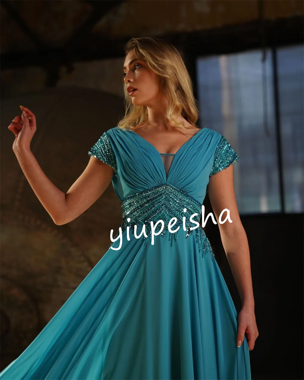 Chiffon Pleat  Birthday Straight V-Neck Bespoke Occasion Gown Long Dresses