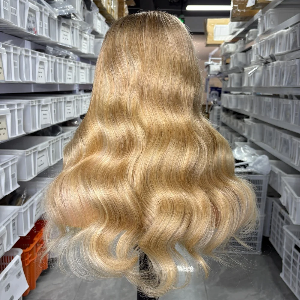 العسل شقراء عذراء 100% خصلات الشعر المستعار الإنسان مع شعري طبيعي Balayage أومبير تسليط الضوء على 13x6 جزء مجاني الدانتيل شعر مستعار أمامي
