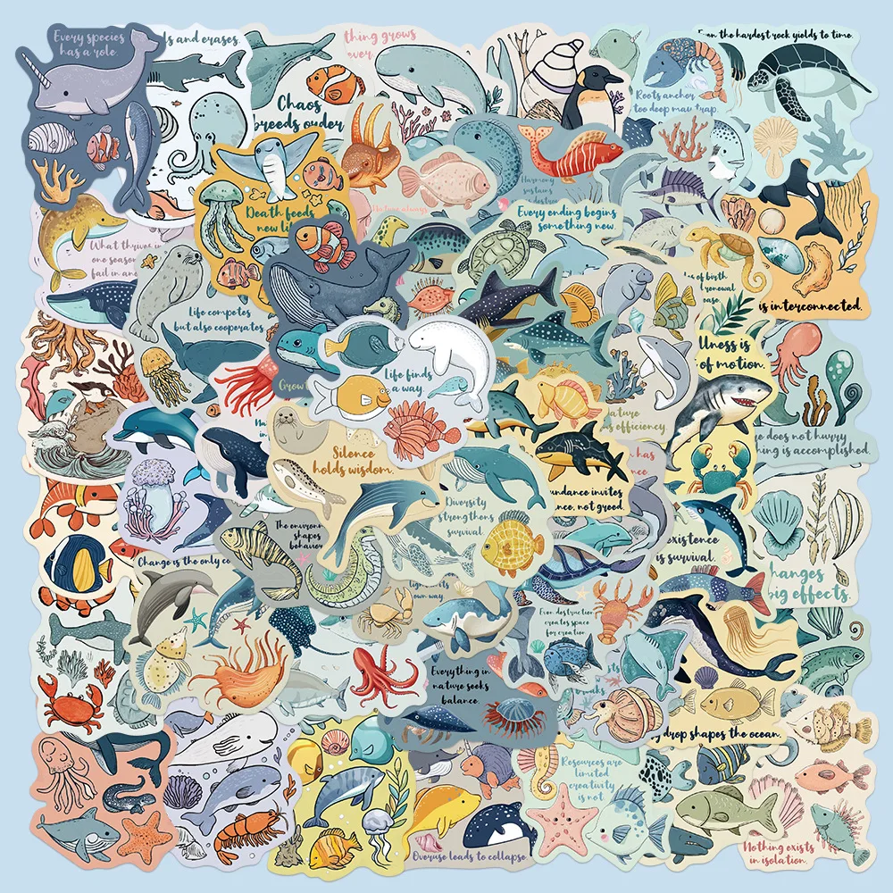 

50PCS Cute Ocean Animal Stickers Ocean Life English Graffiti Cartoon DIY Decorative Luggage Laptop Waterproof Stickers Kids Toy