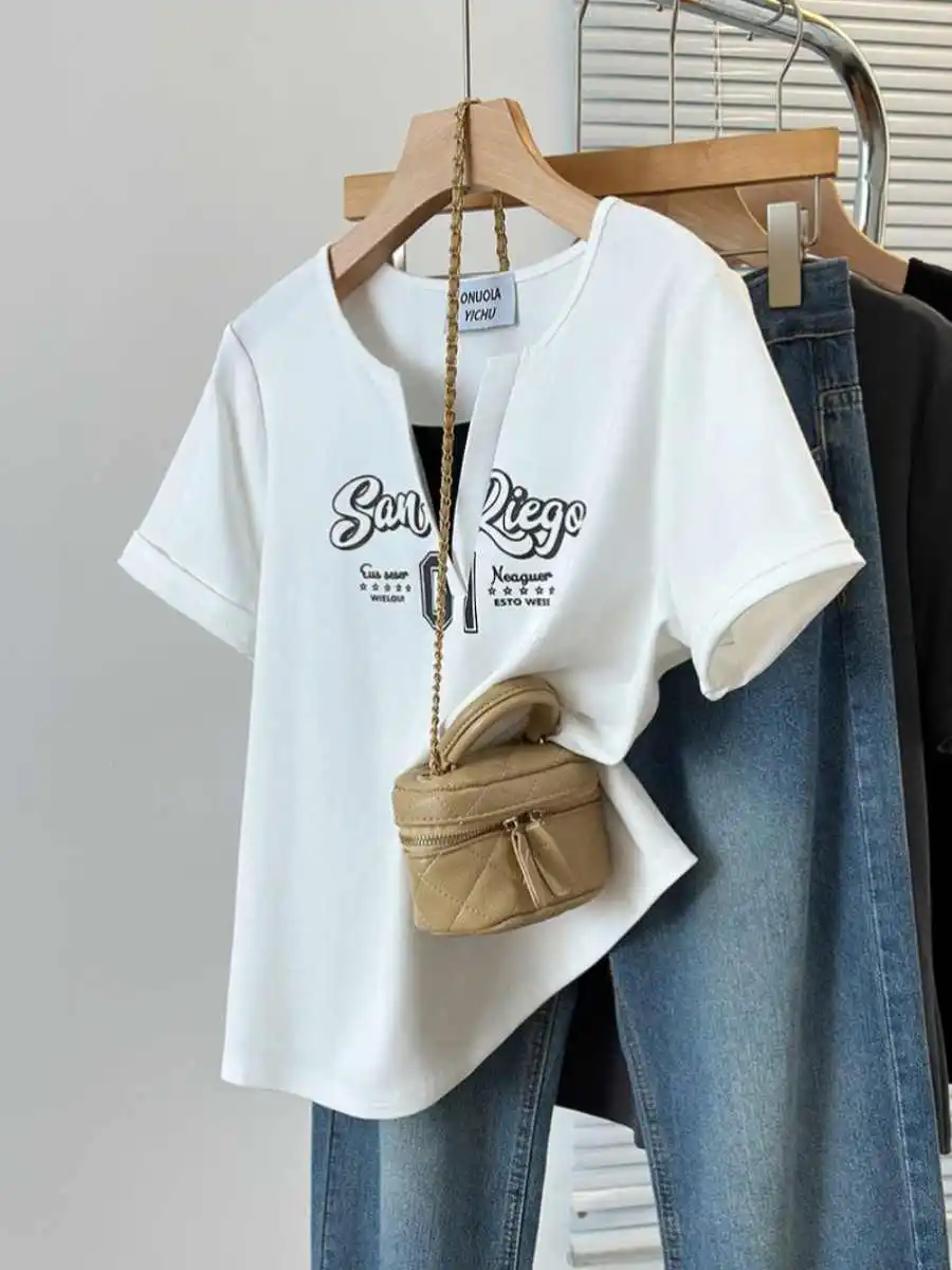 Sommer Brief Gedruckt Fake2 stück T-shirt Frauen V-ausschnitt Spleißen Kurzarm T-shirts Casual Retro Mode Lose Tops