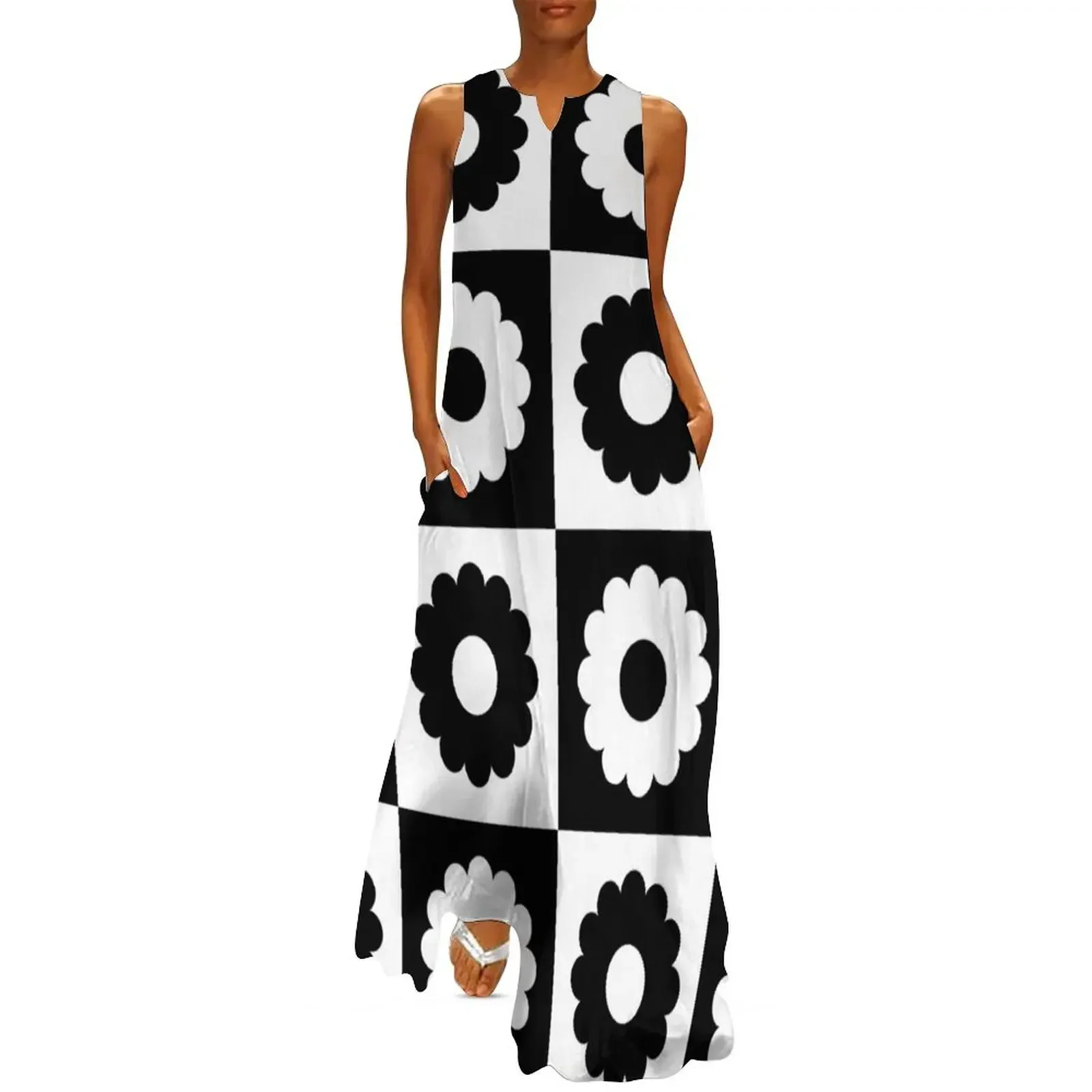 

Vintage Flowerpattern Black and White Long Dress ladies dresses for special occasions loose summer dress