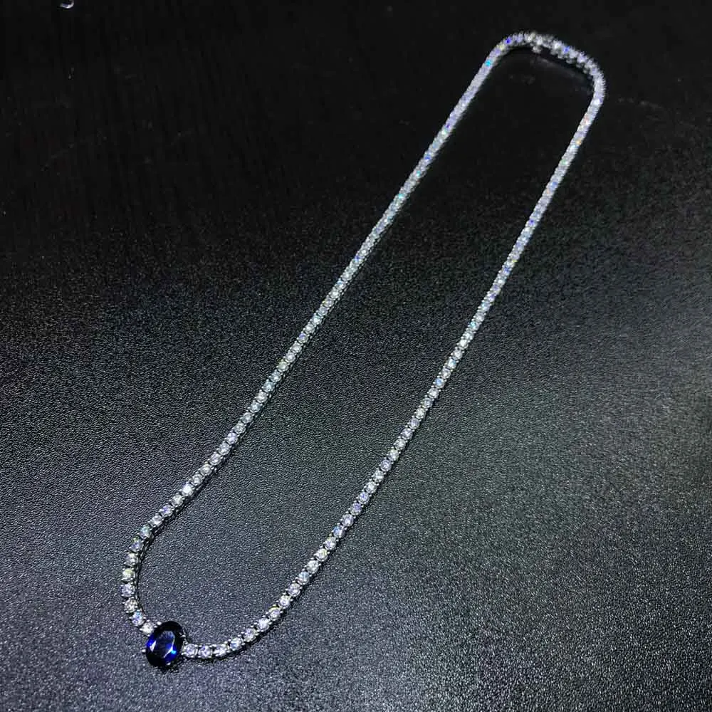 Real 925 Sterling Silver Tennis Chain 18 Inch Choker Necklace Pave 2mm Zircon Sapphire for Women Man Sparking Jewelry Gift