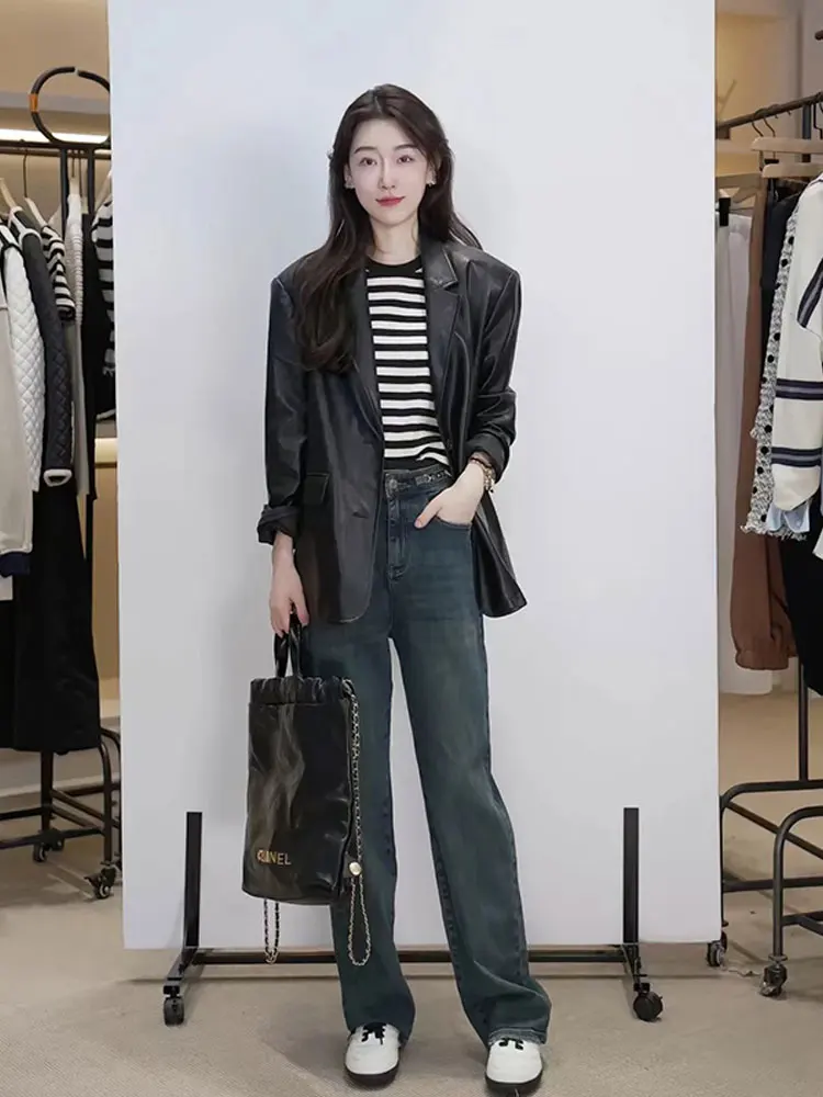 

Джинсы женские Oajer Flagip Store, прямые, с высокой талией, широкие штанины, длинные брюки, осенняя элегантность, износостойкие, глубокий цвет