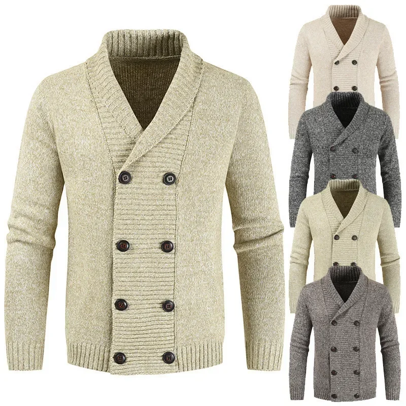 Cárdigan con capucha para hombre, suéter ajustado de punto, cálido, informal, cuello chal, chaqueta de doble botonadura, otoño