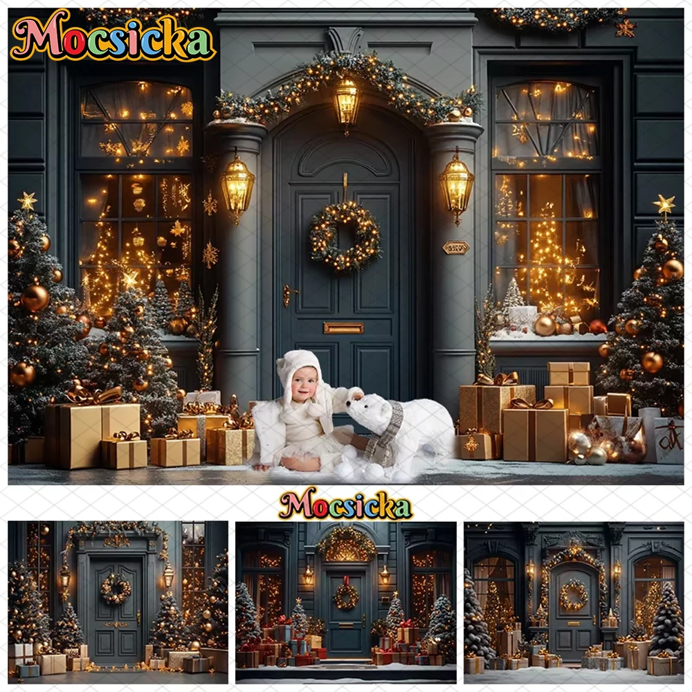

Mocsicka Christmas Background Photography Xmas Tree Gifts Grey House Door Lamp Decor Kid Baby Backdrop Shooting Studio Photocall