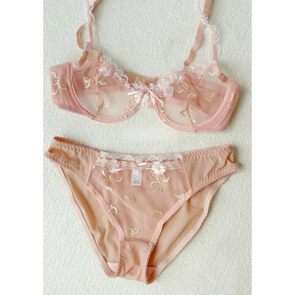 Delicate French Floral Embroidery Lace Lingerie Bra Set Ultra Thin Cup Minimizer Soft Ladies Intimate Underwear 32‑40ABC セクシーな