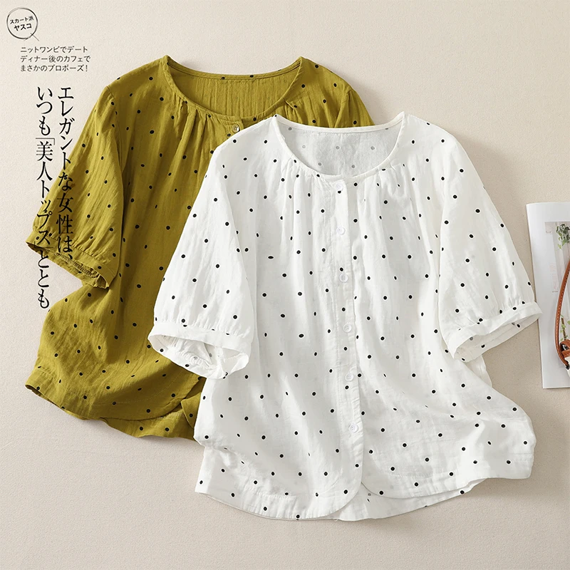 

plus Size Women's Shirt Jacket Cotton Linen Polka Dot Short Sleeve Slimming Top Fashionable Summer New Arrival Commute Style