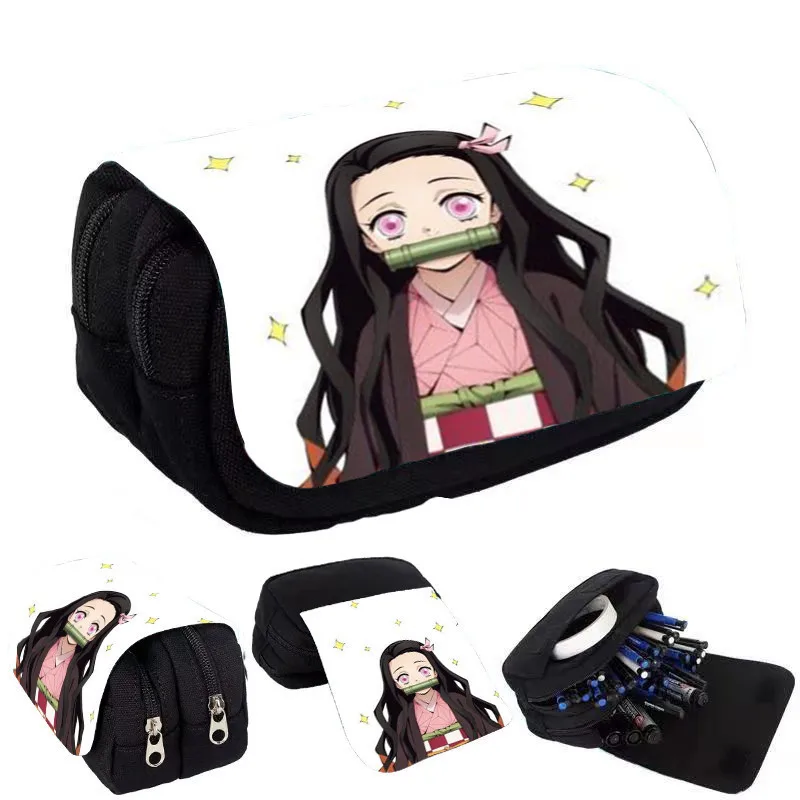 Demon Slayer Pencil Case Student Bilayer Storage Bag Tanjirou Nezuko Zenitsu Giyuu Cartoon Printing High Quality Pen Case Gift